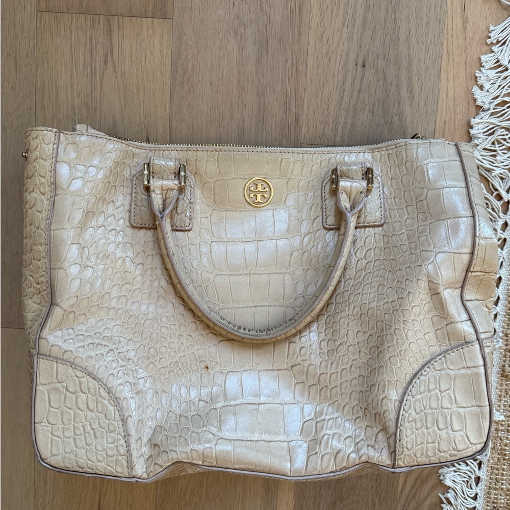 Tory Burch Beige Croc-Embossed Tote